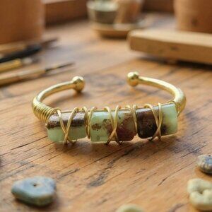 Australian Jade Wire Wrap Bracelet In 14Kt Gold Over Copper – Handmade & NWT